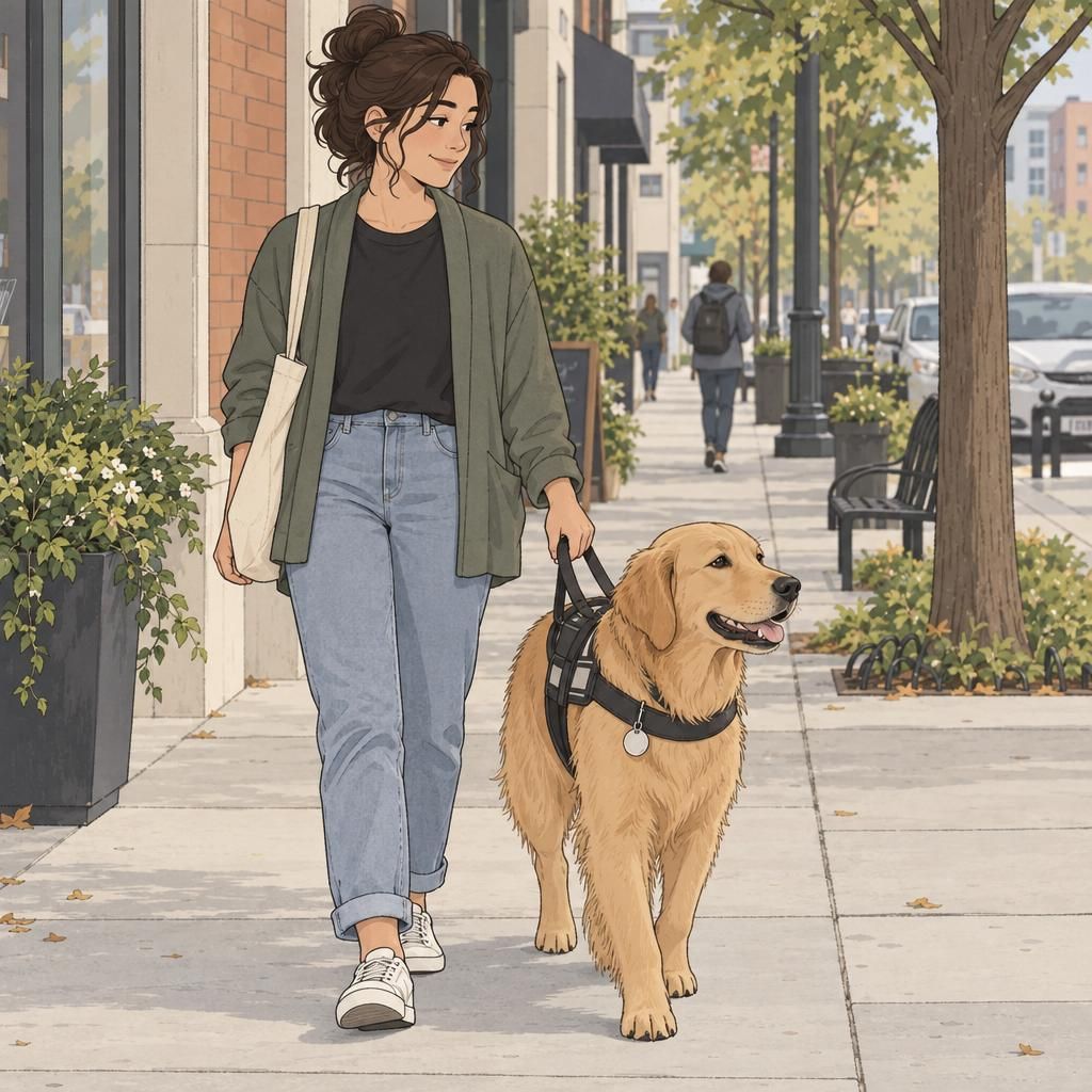 A handler walks with a service dog wearing a comfortable harness and visible identification tag on a calm city sidewalk.