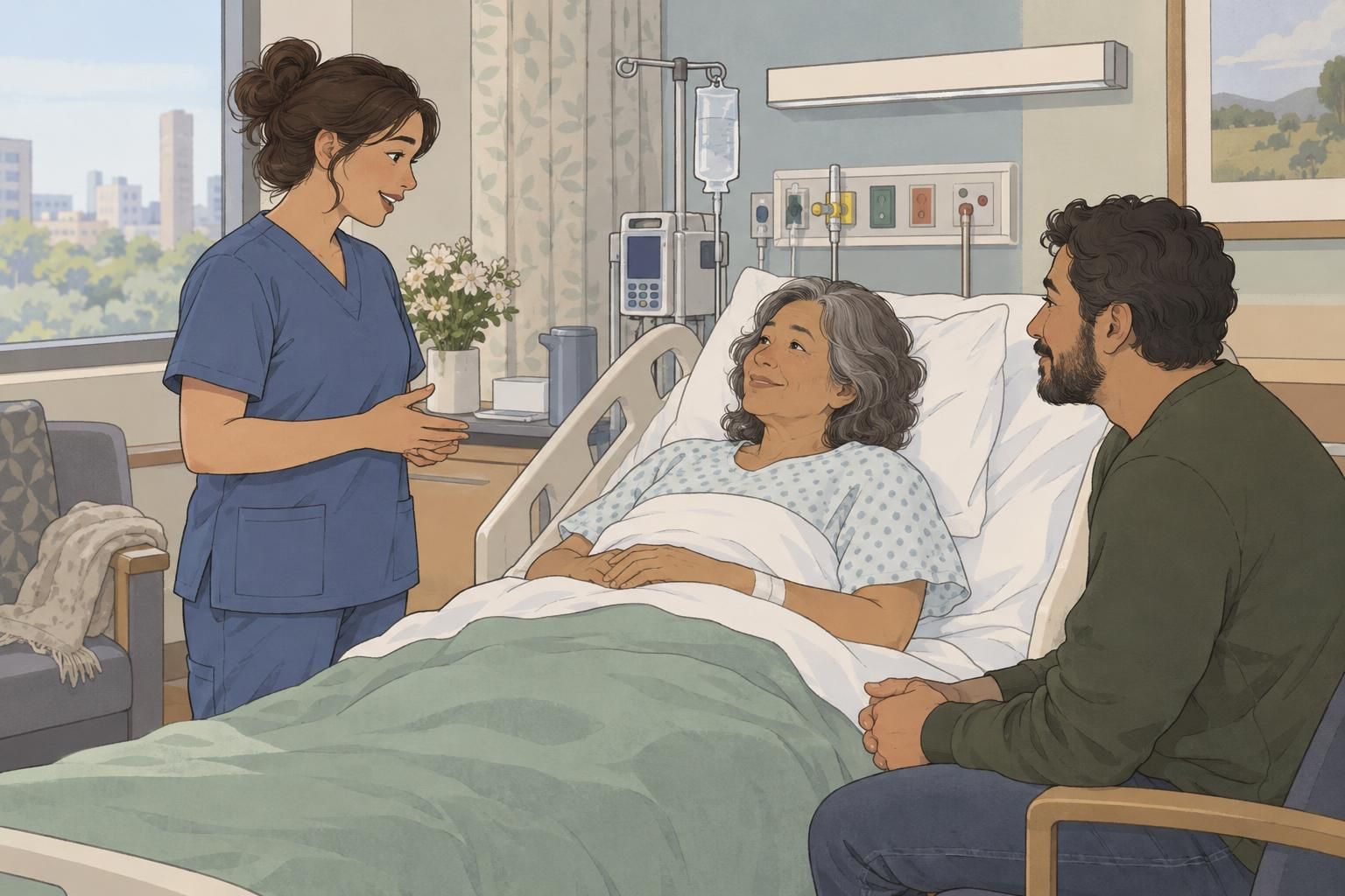 A nurse introduces herself to a patient as a family member listens at the bedside.