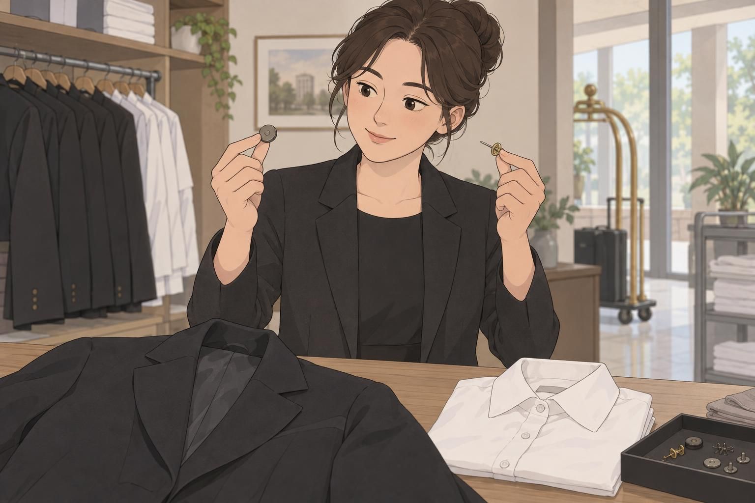 A hotel uniform coordinator compares magnetic and pin fasteners beside a jacket and shirt.