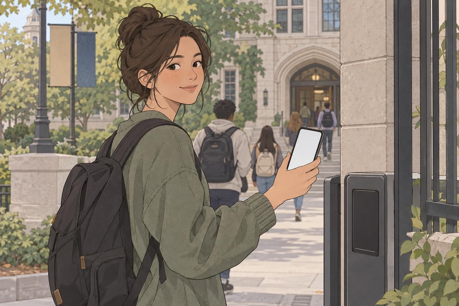 A student holds a smartphone with a blank mobile ID screen near a campus entrance.
