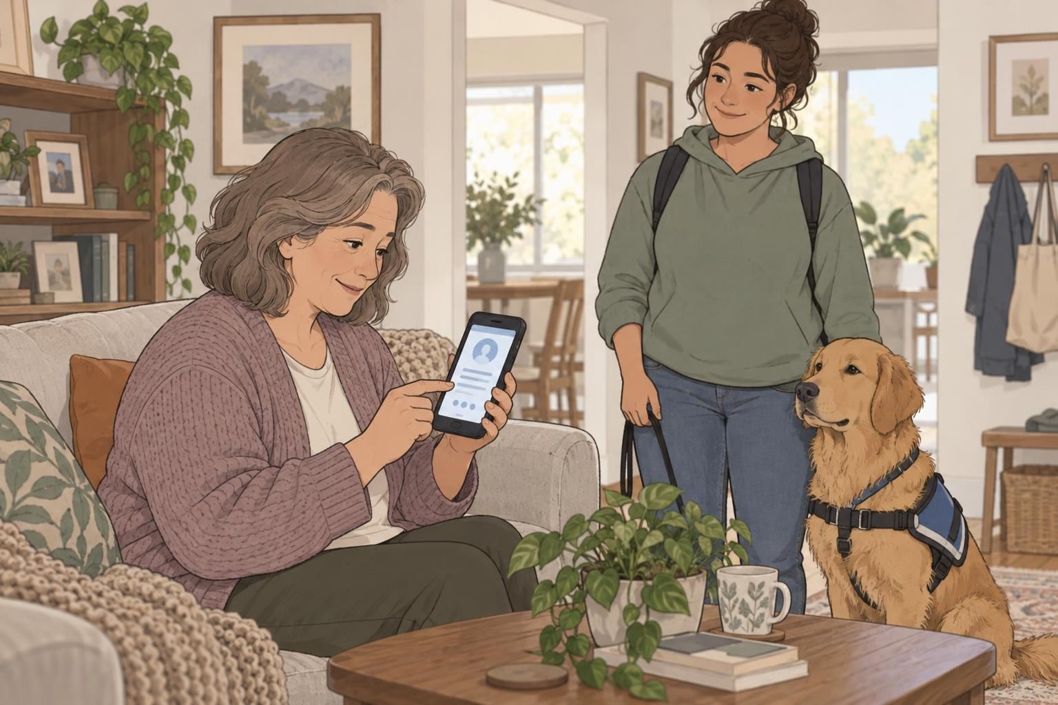 A family member checks service dog contact information on a phone while the handler and dog stand nearby.