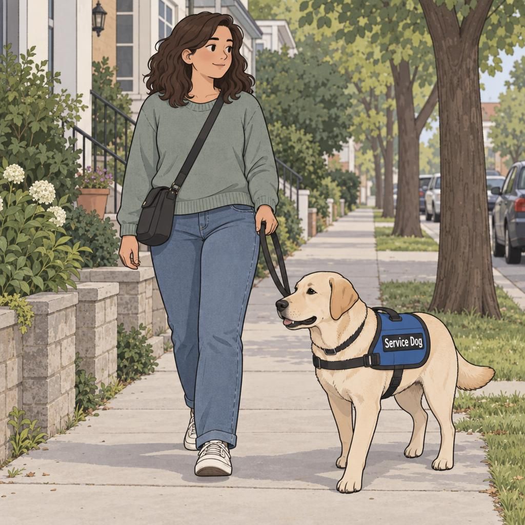 An assistance dog wearing a simple vest walks beside its handler on a neighborhood sidewalk.