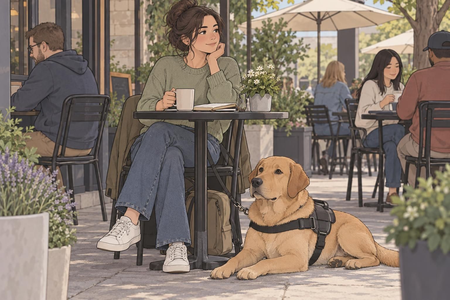 A service dog rests beside its handler at an outdoor café while nearby people give the team space.