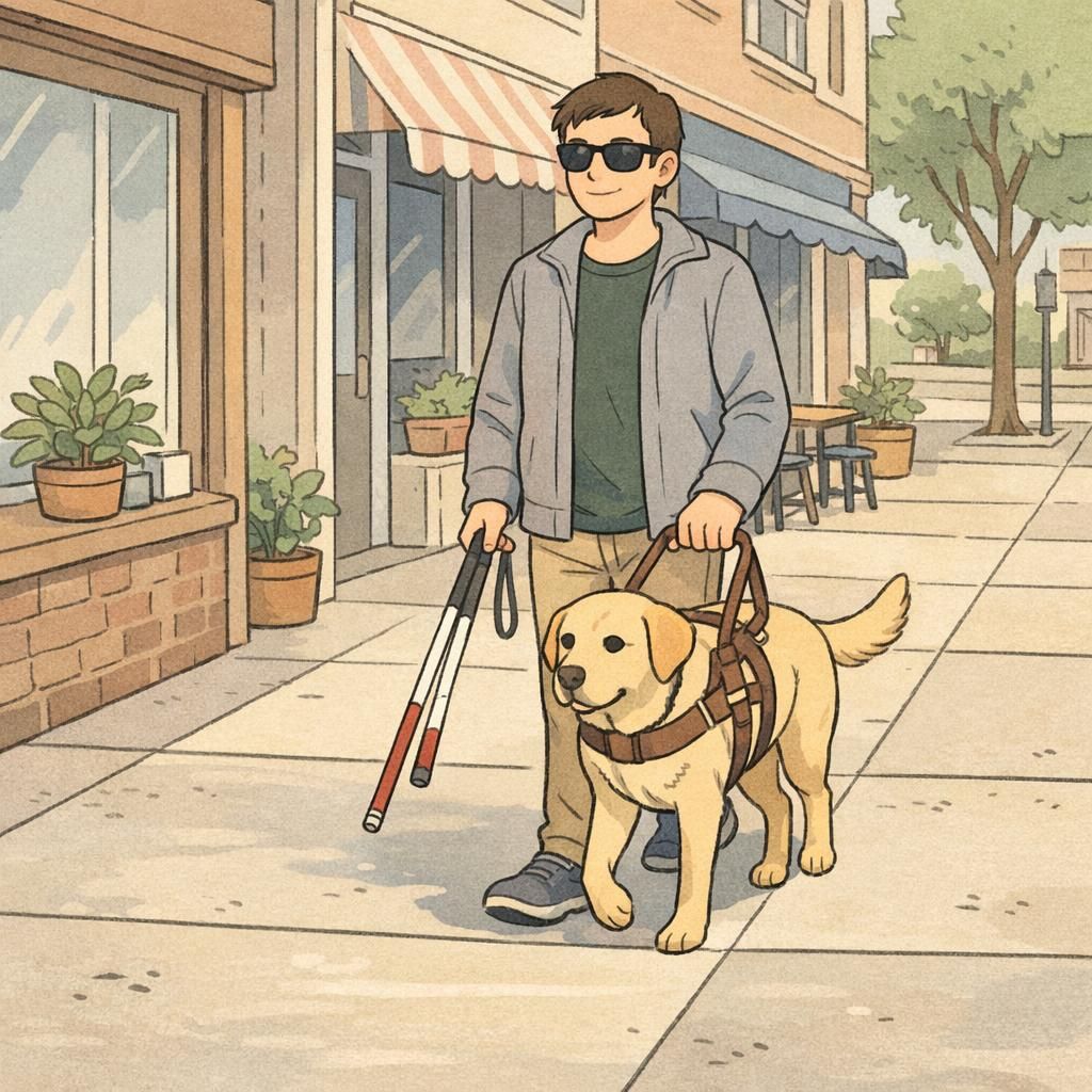 An adult handler walking with a guide dog on a neighborhood sidewalk, holding the harness handle and a folded cane, passing small storefronts in soft daylight.