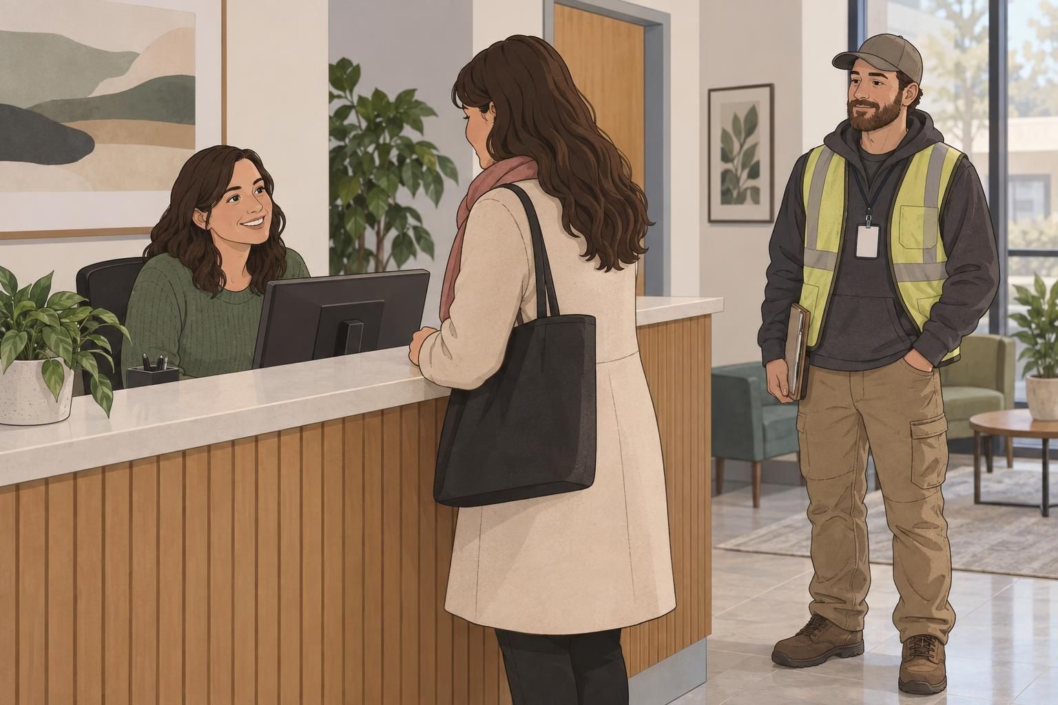 A visitor checks in at reception while a contractor wearing a plain ID badge waits nearby.