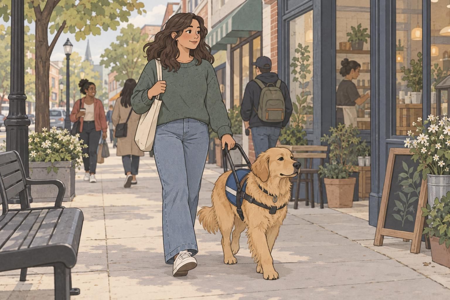 A handler walks with a service dog along a neighborhood sidewalk past storefronts and pedestrians.
