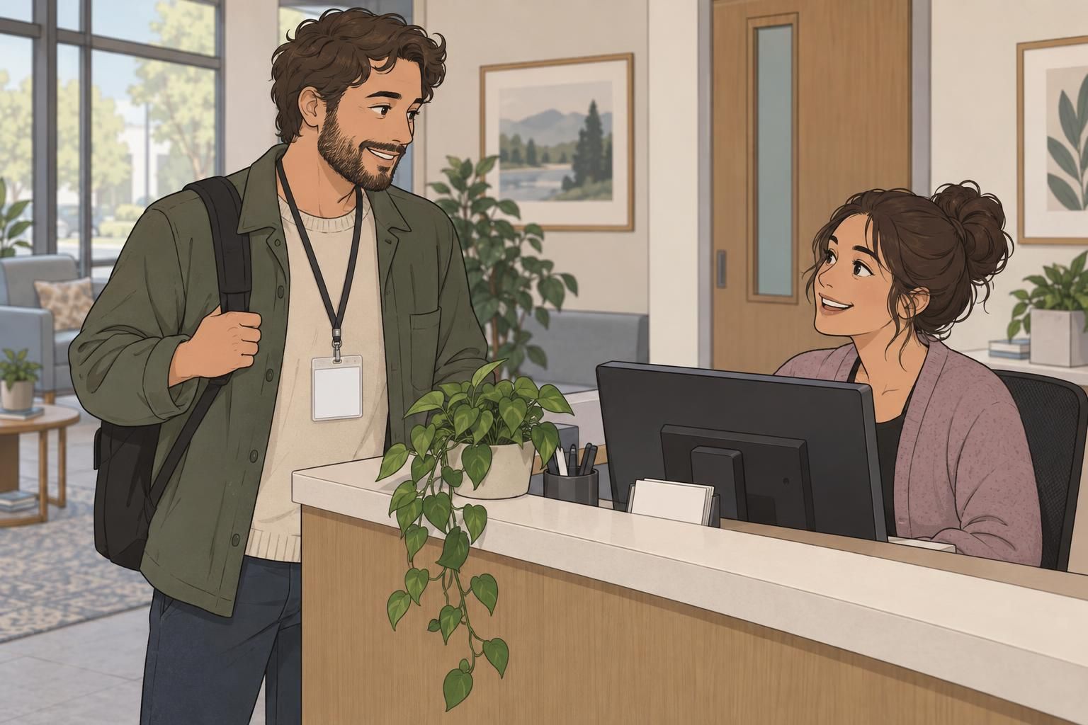 A returning guest wears a reusable visitor card in a clear lanyard holder while speaking with a receptionist.
