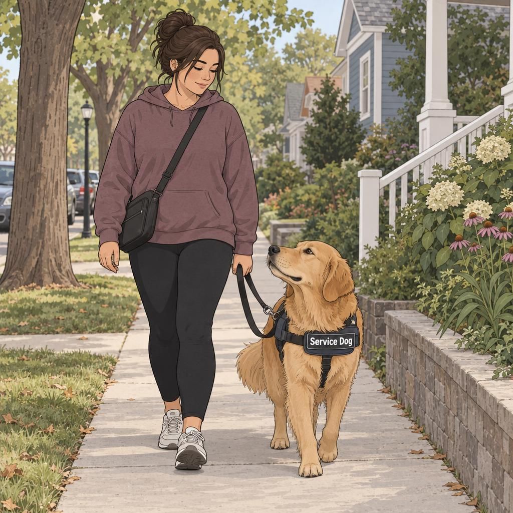 An adult walks with a PTSD service dog along a quiet neighborhood sidewalk, illustrating everyday support from a trained assistance animal.