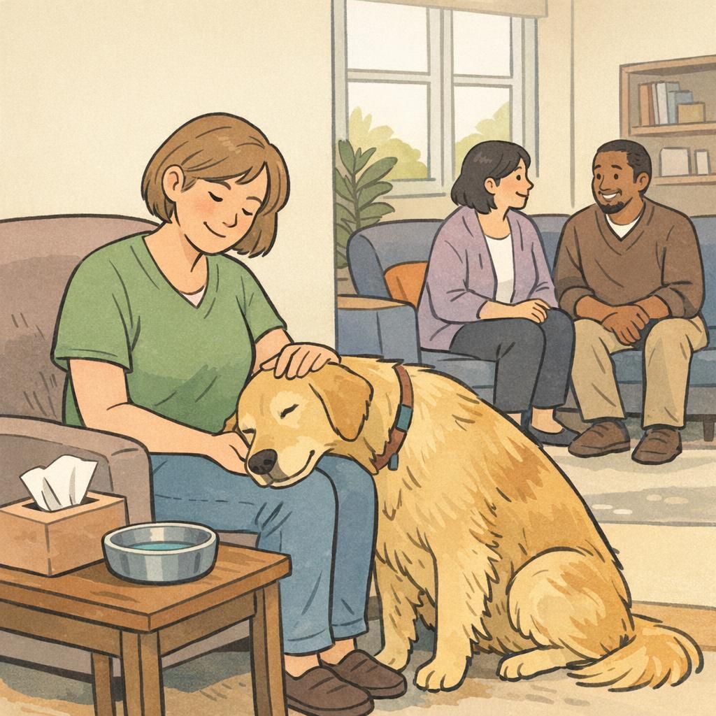 A volunteer handler seated in a cozy community lounge while a calm therapy dog leans in for gentle petting, illustrating a quiet, supportive visit.