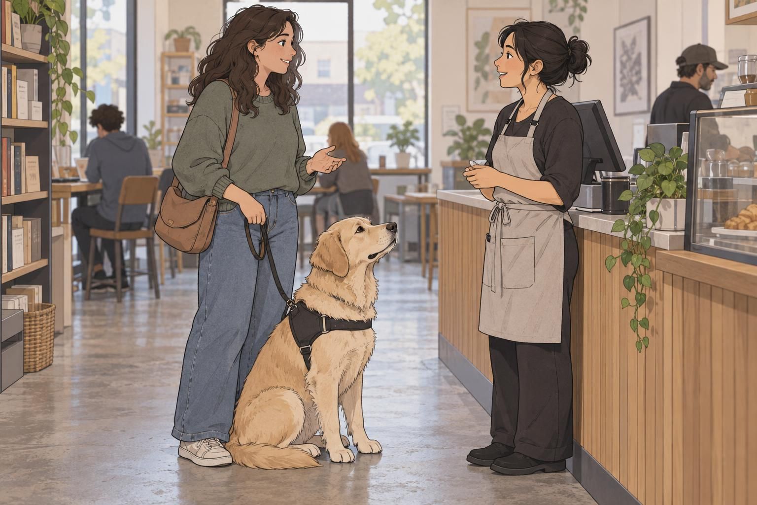 A handler speaks calmly with a staff member while a service dog stays attentively by their side.