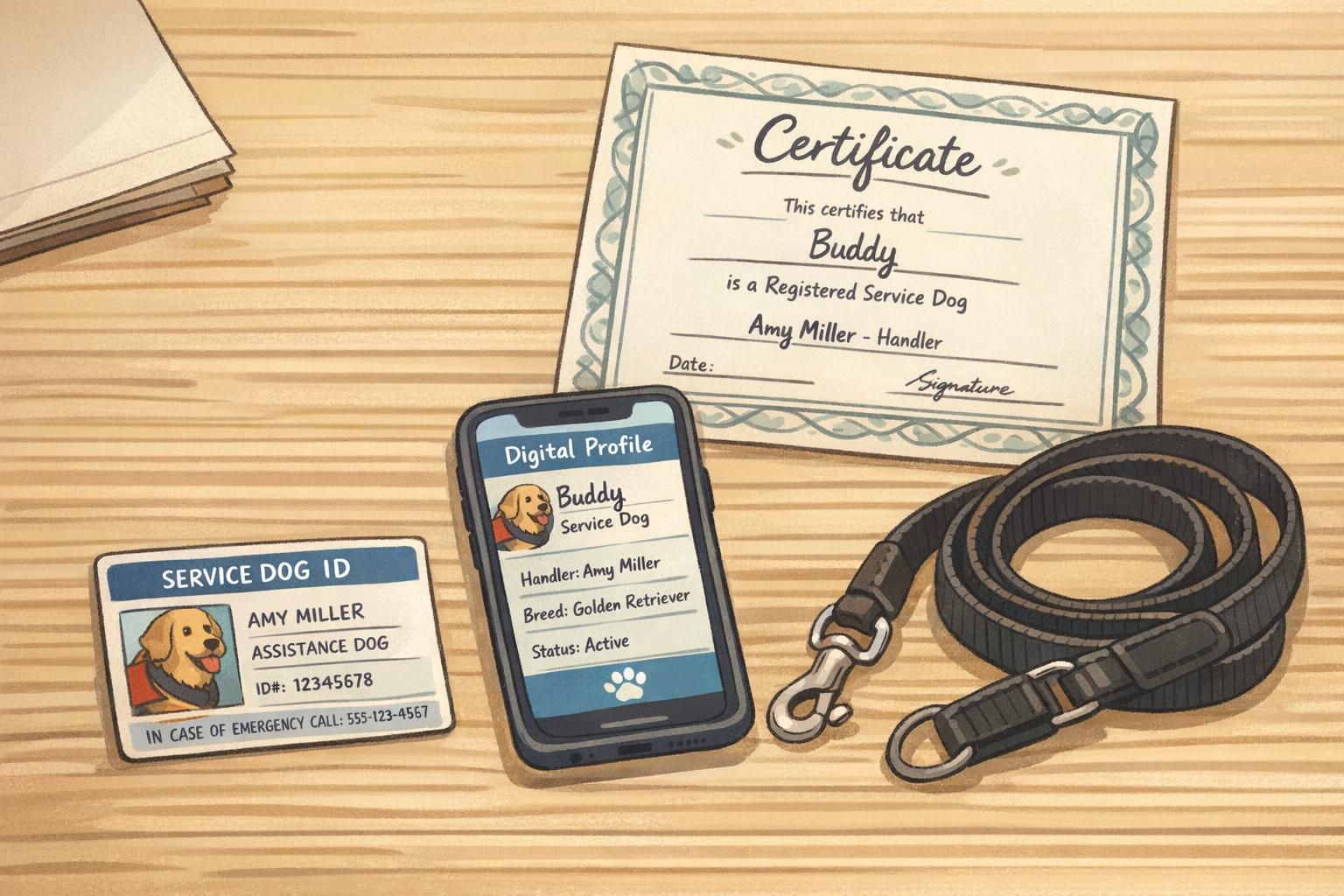 Close-up of organized identification items on a tabletop: a printed service dog ID card, a phone showing a digital profile, a certificate, a leash, and small essentials.