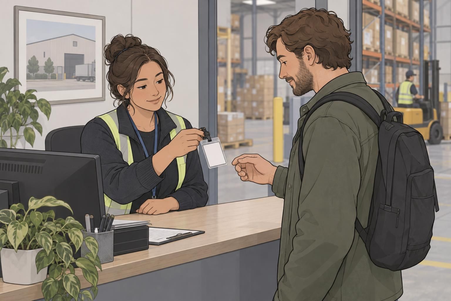 A reception staff member handing a blank visitor identification badge in a clear holder to a warehouse visitor.