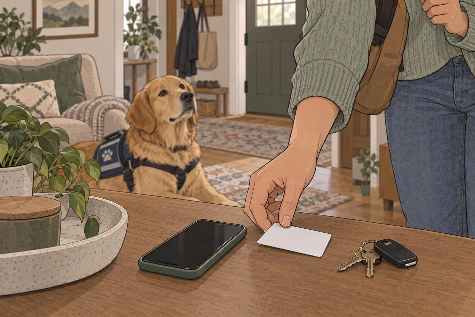 A handler keeps a service dog ID card with their phone and keys while the dog waits nearby at home.