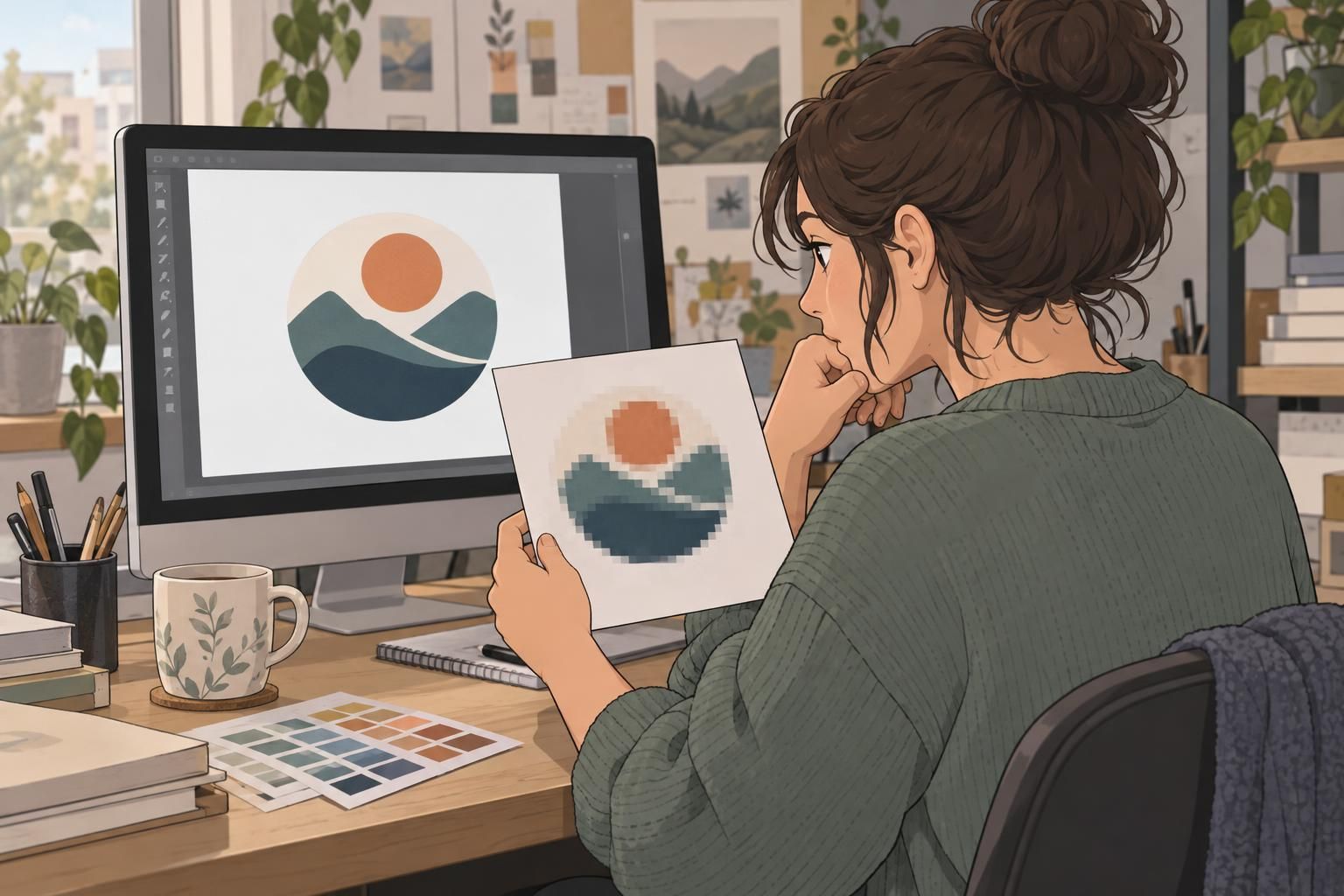 Designer compares crisp logo artwork on a screen with a pixelated print sample to check image resolution.