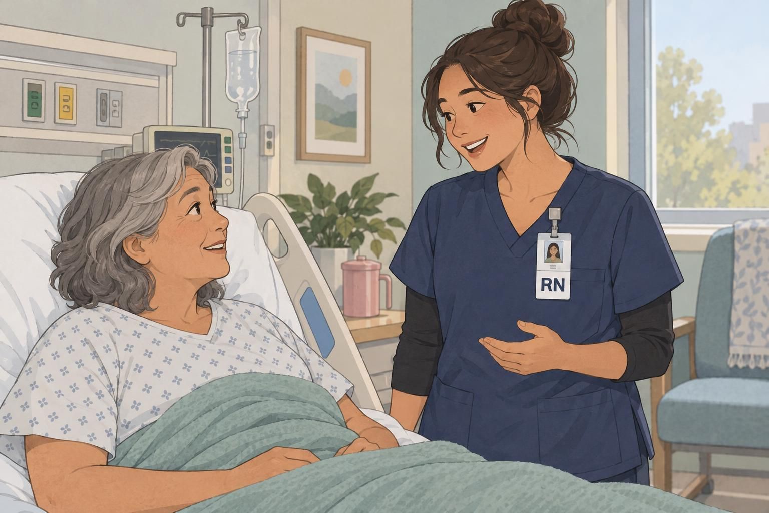 Healthcare worker wearing an RN badge buddy while speaking with a patient at the bedside.