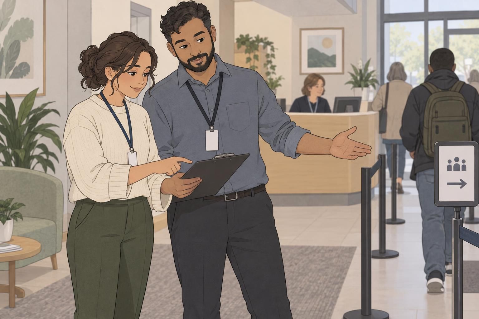 Two public service employees wearing badges near reception as they review the visitor flow.
