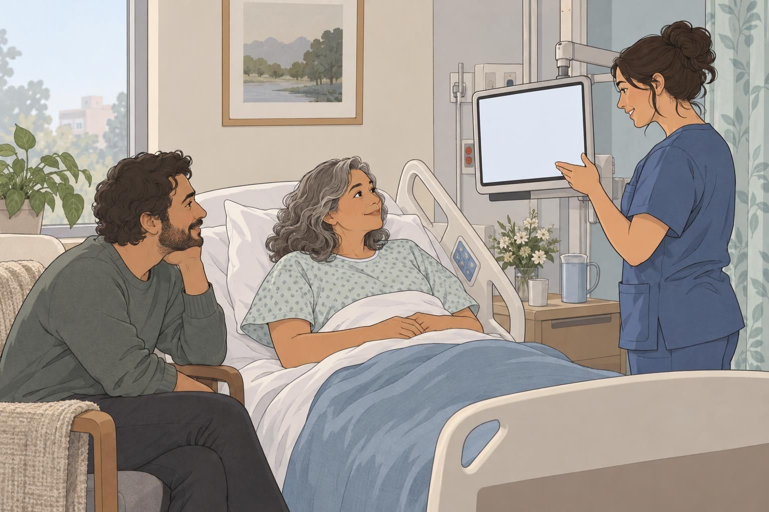 A nurse reviews a blank bedside display with a patient and family member during a care conversation.
