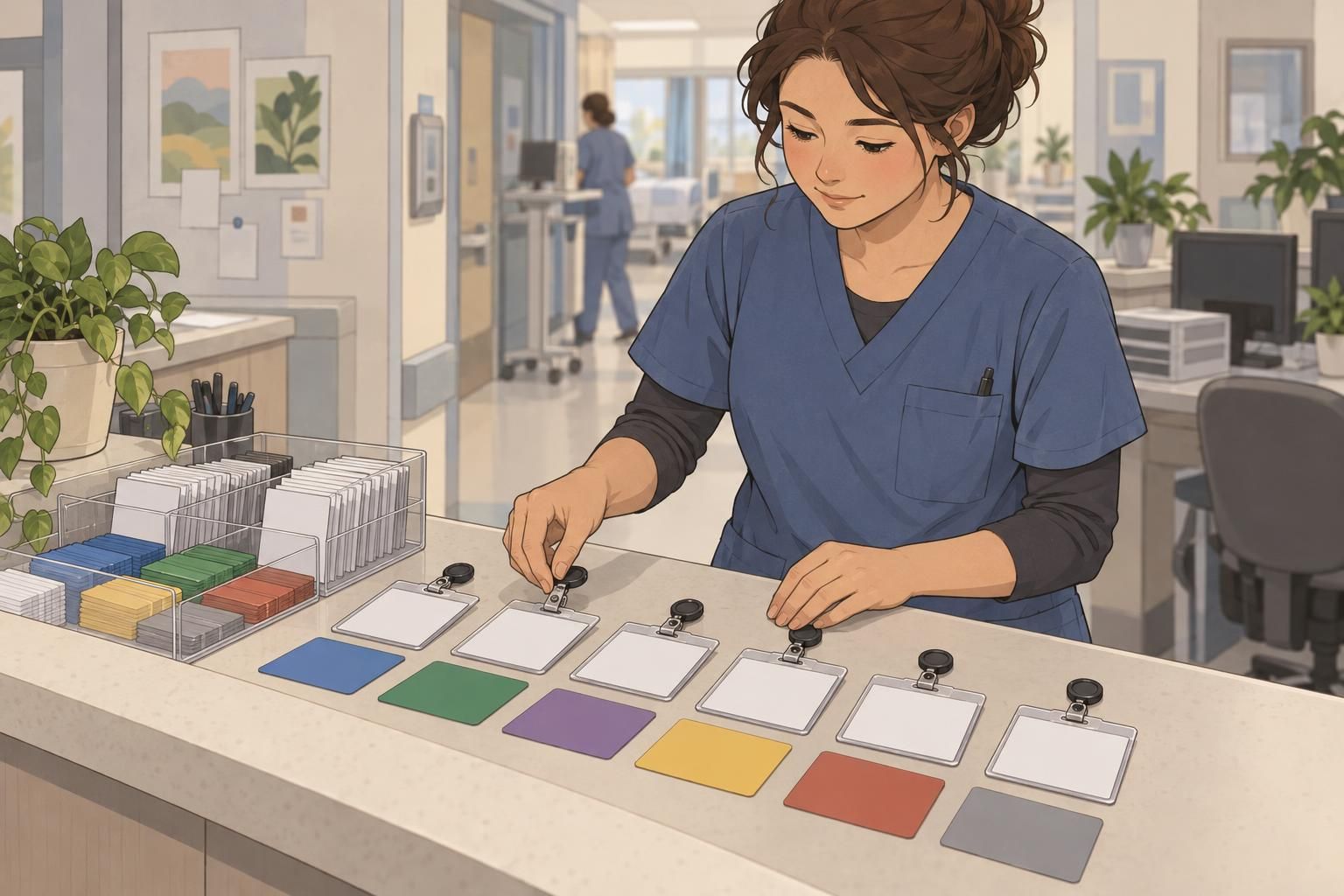 A hospital staff member arranges blank ID badges and role-label backing cards to show a consistent identification system.