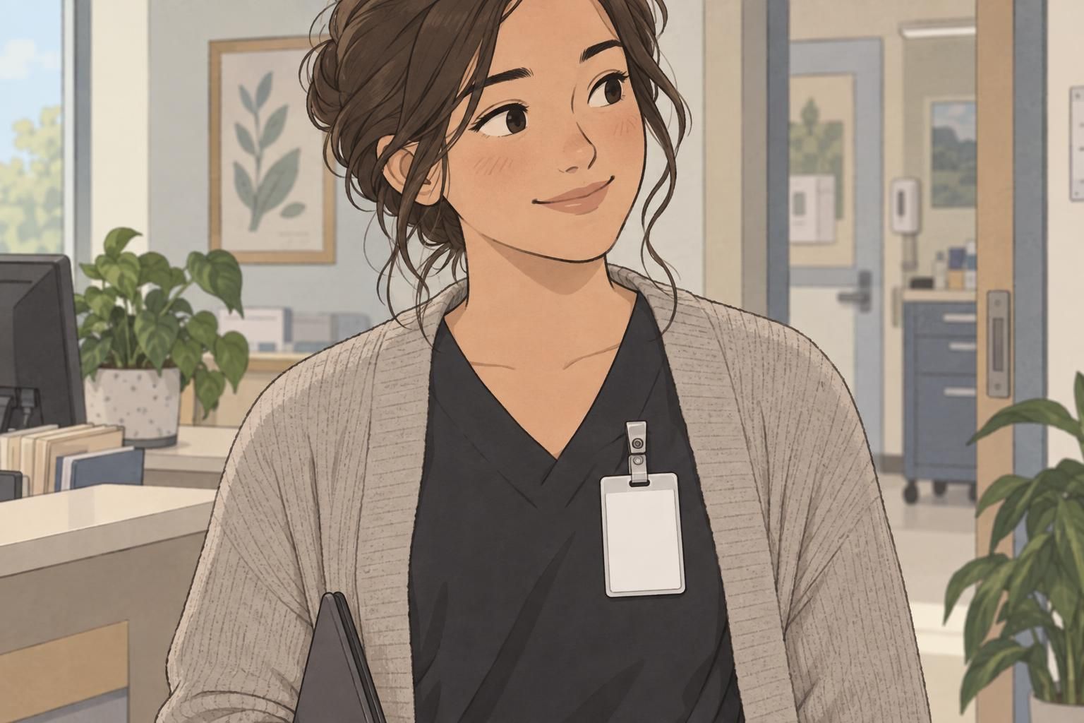 A staff member wears a vertically clipped ID badge on the outer layer of clothing.