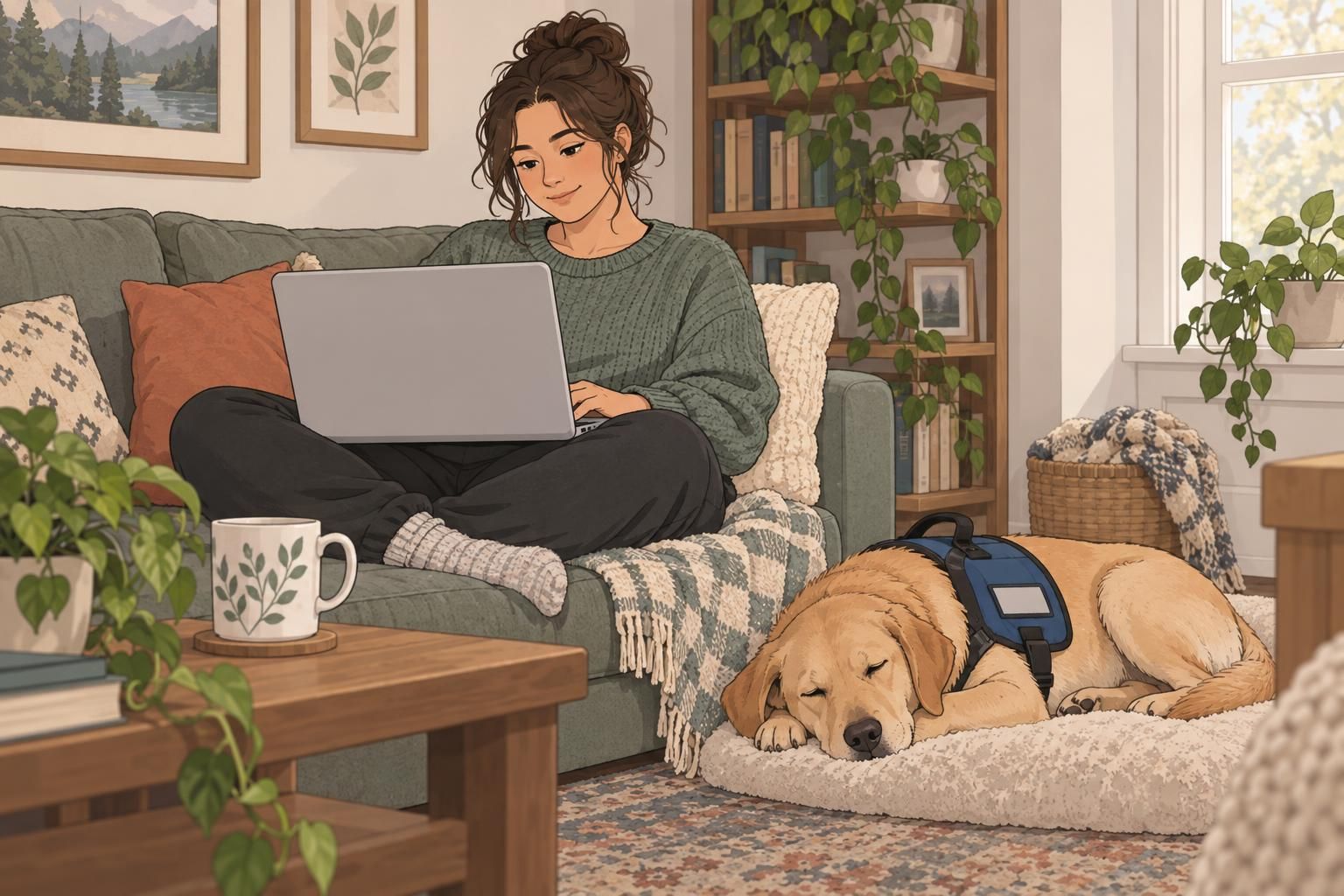 A service dog rests beside a handler using a laptop to arrange identification at home.