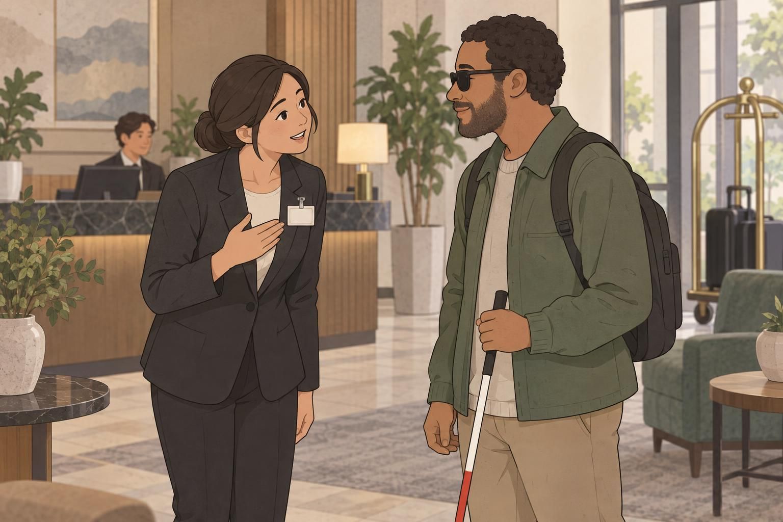A hotel employee wearing a blank name badge introduces themselves face-to-face to a guest with a visual impairment.