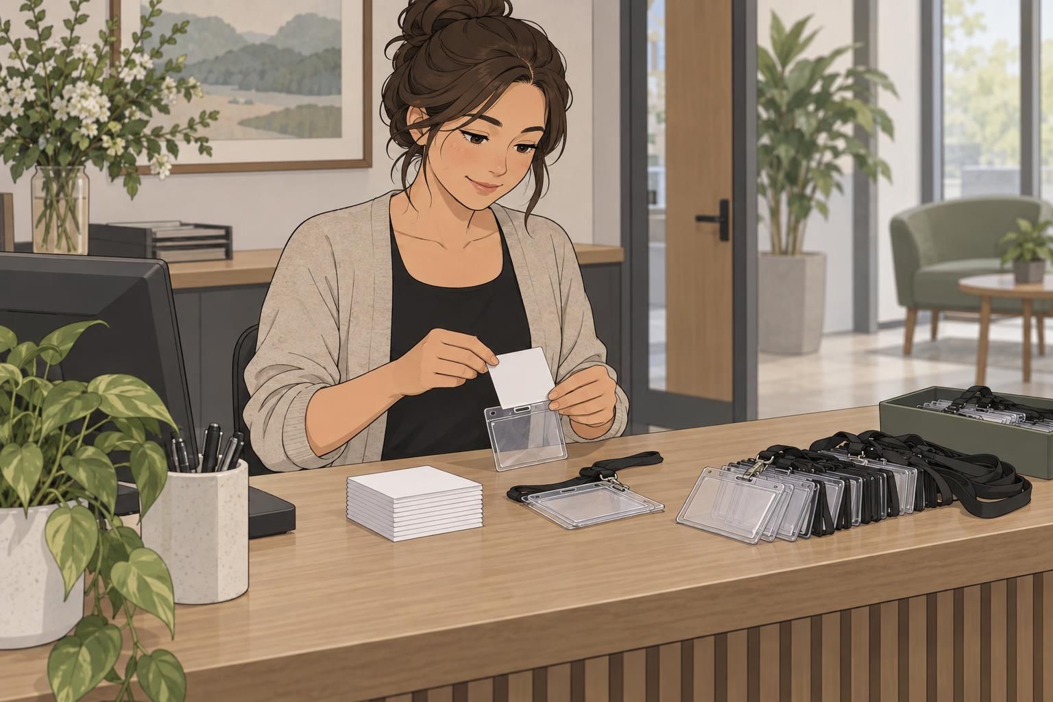 A receptionist prepares blank paper inserts beside reusable badge holders at a tidy check-in desk.