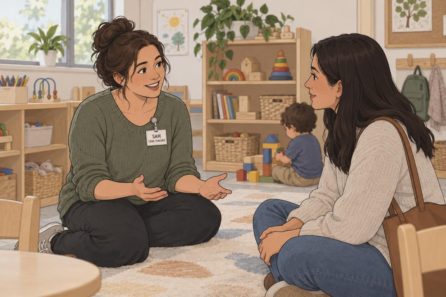 A parent and lead teacher talk together in a childcare classroom, with the teacher's badge visible.