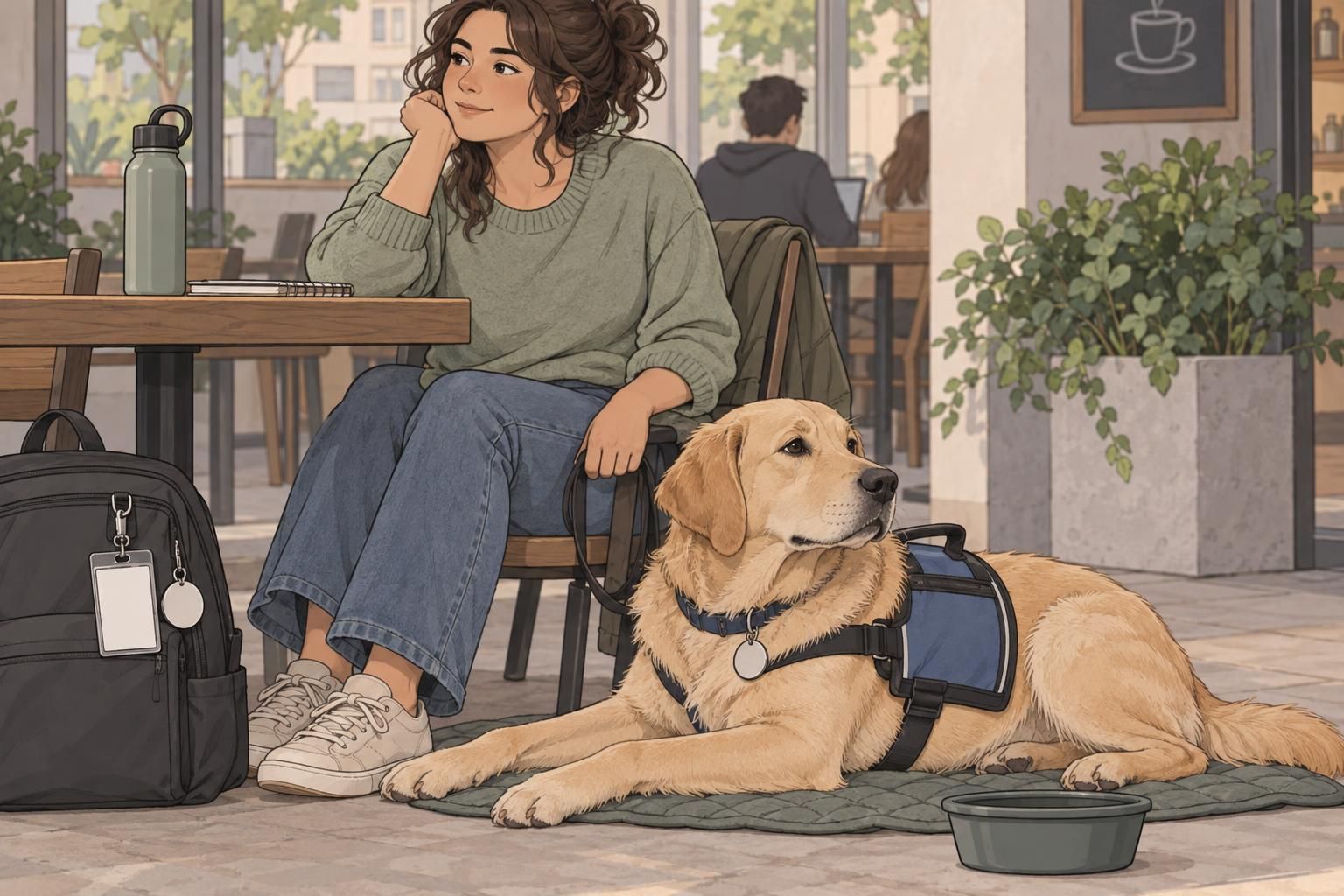 A service dog rests beside its handler near blank identification materials ready for personalization.