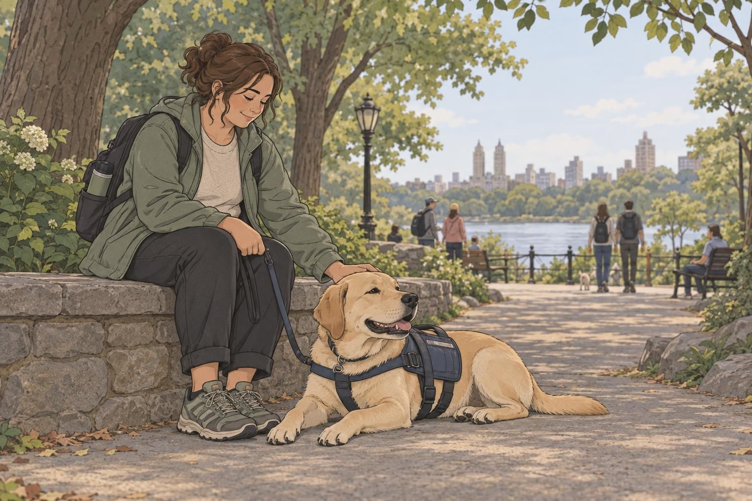 A handler and service dog rest together on a park path after a walk.