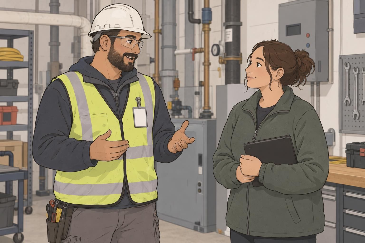 A contractor wearing protective work clothing displays a secure clip-on ID badge while speaking with an employee.