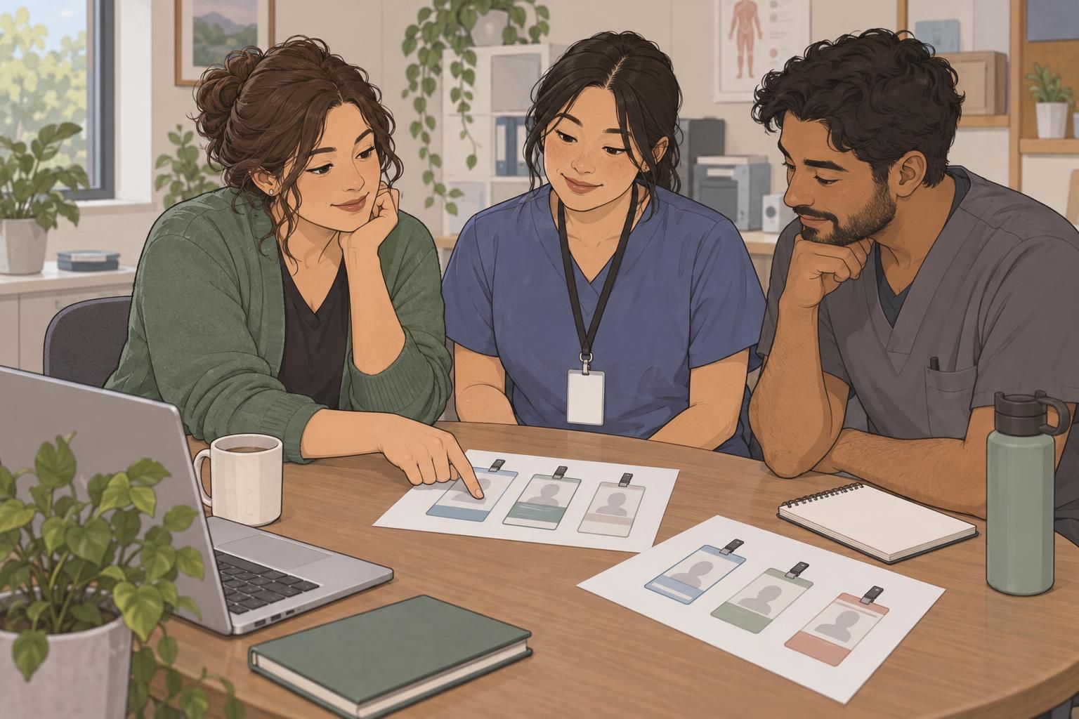 A clinic manager and staff members review a consistent badge layout for small-practice identification.