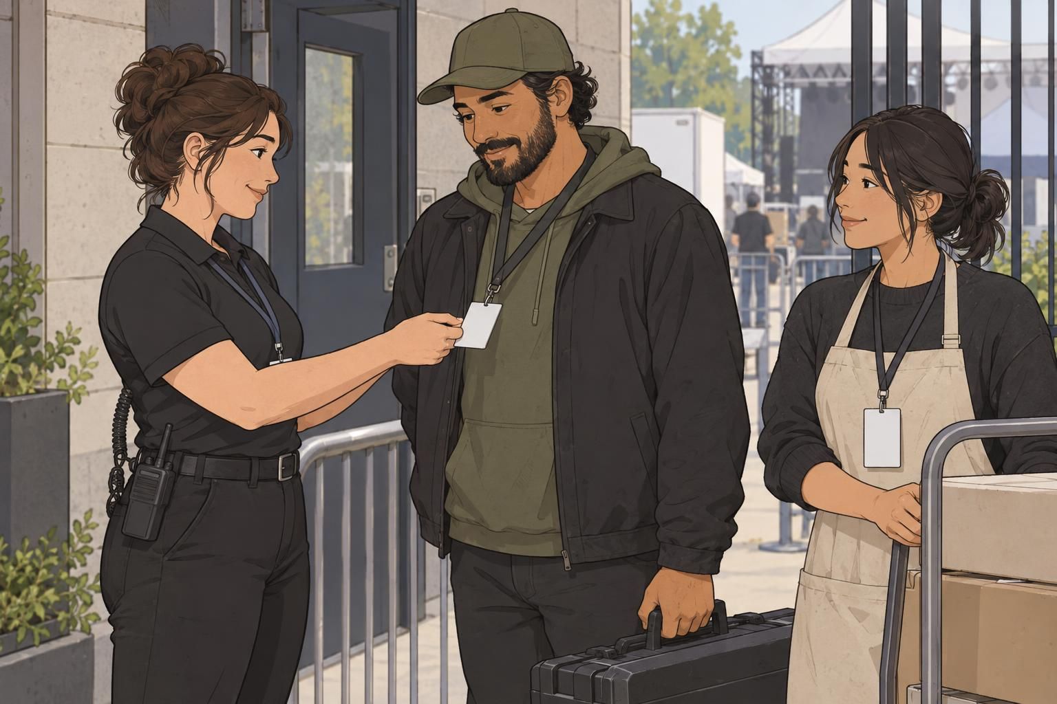 An access team member checks individual staff and vendor badges at a controlled service entrance.