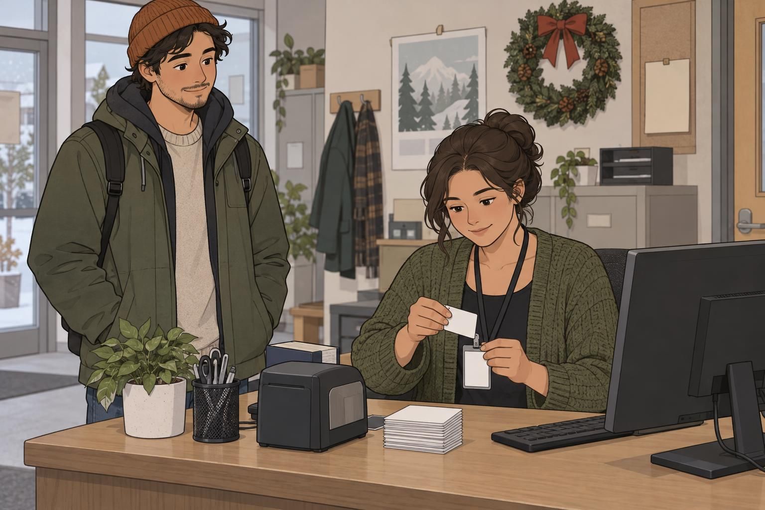 A coordinator prepares a replacement seasonal staff badge while a worker waits nearby.