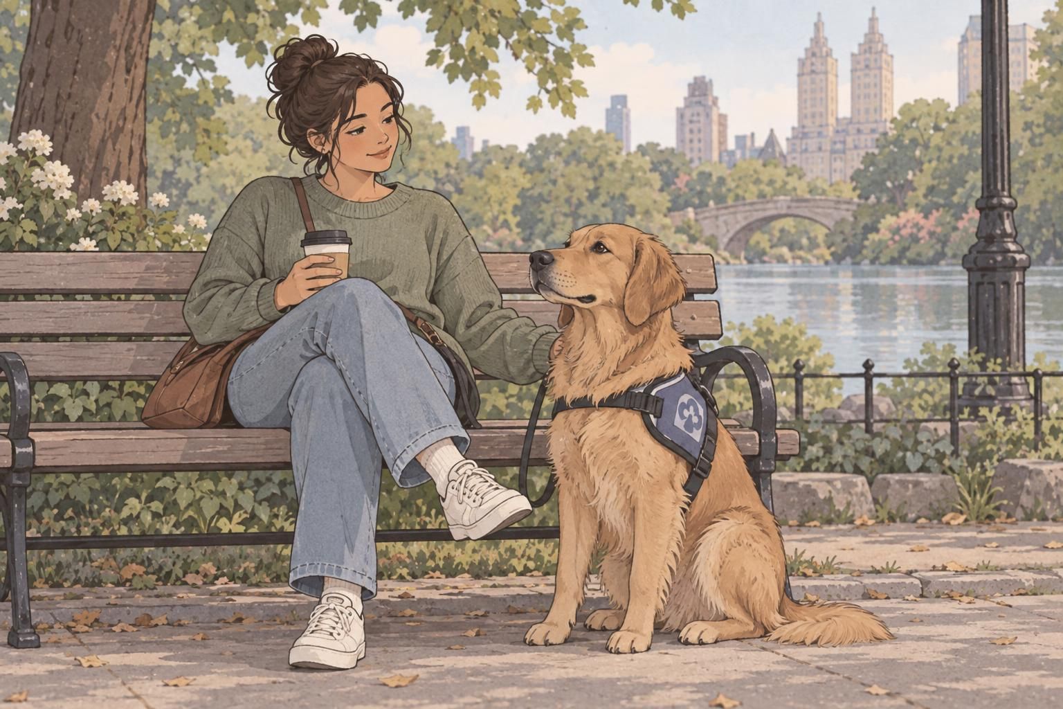 A handler relaxes on a park bench beside an attentive service dog.