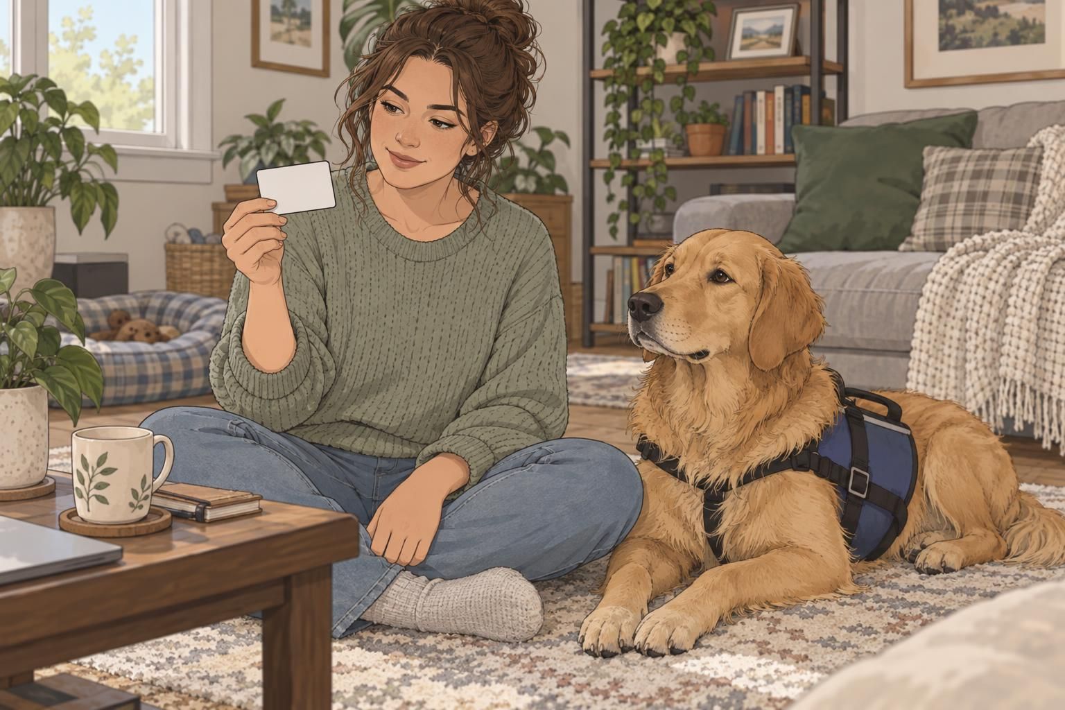 A handler reviews a blank service dog identification card at home while their dog sits nearby.