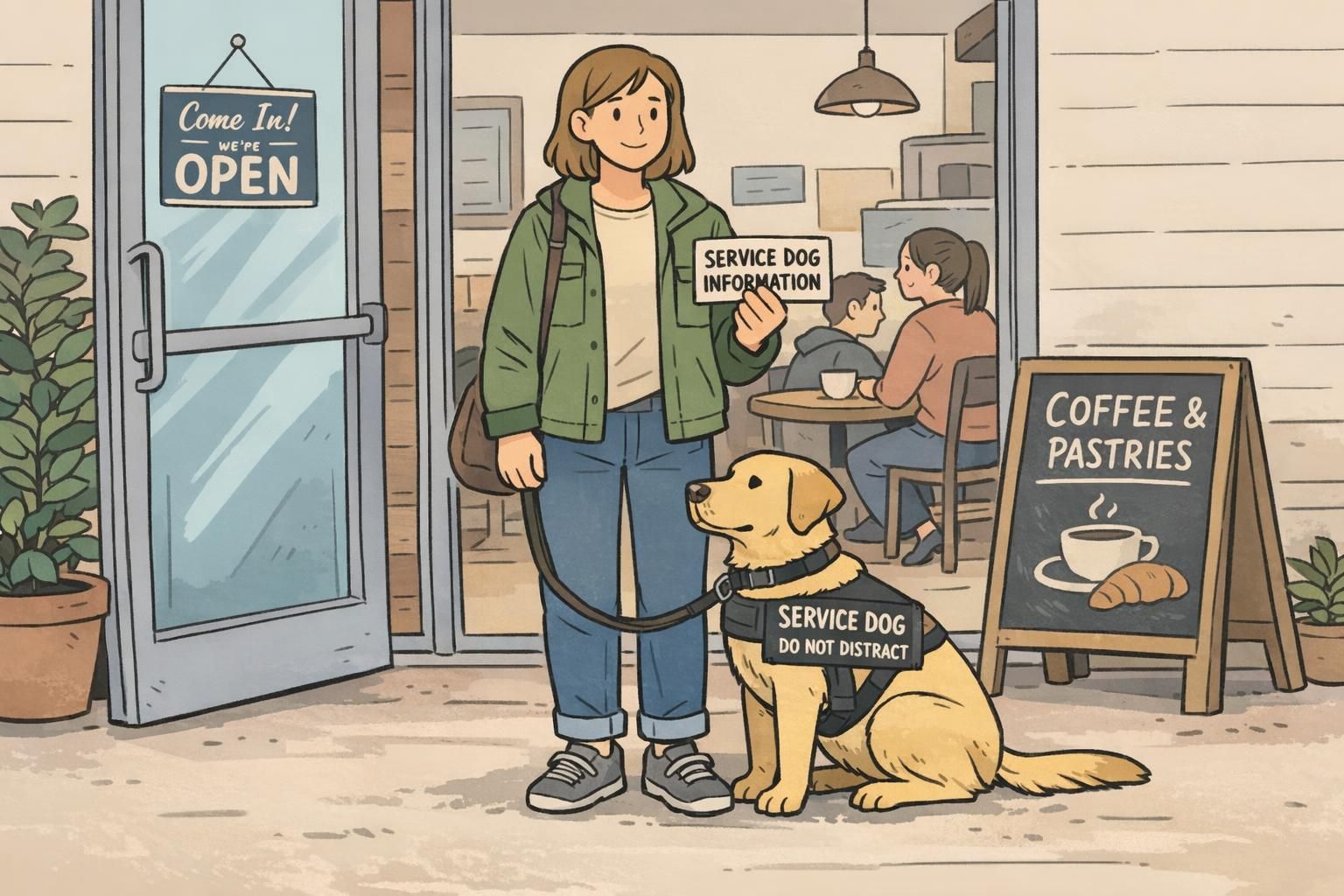 Handler and service dog at a café entrance with the dog in heel position wearing clear identification while the handler holds a concise service dog information card for public access.