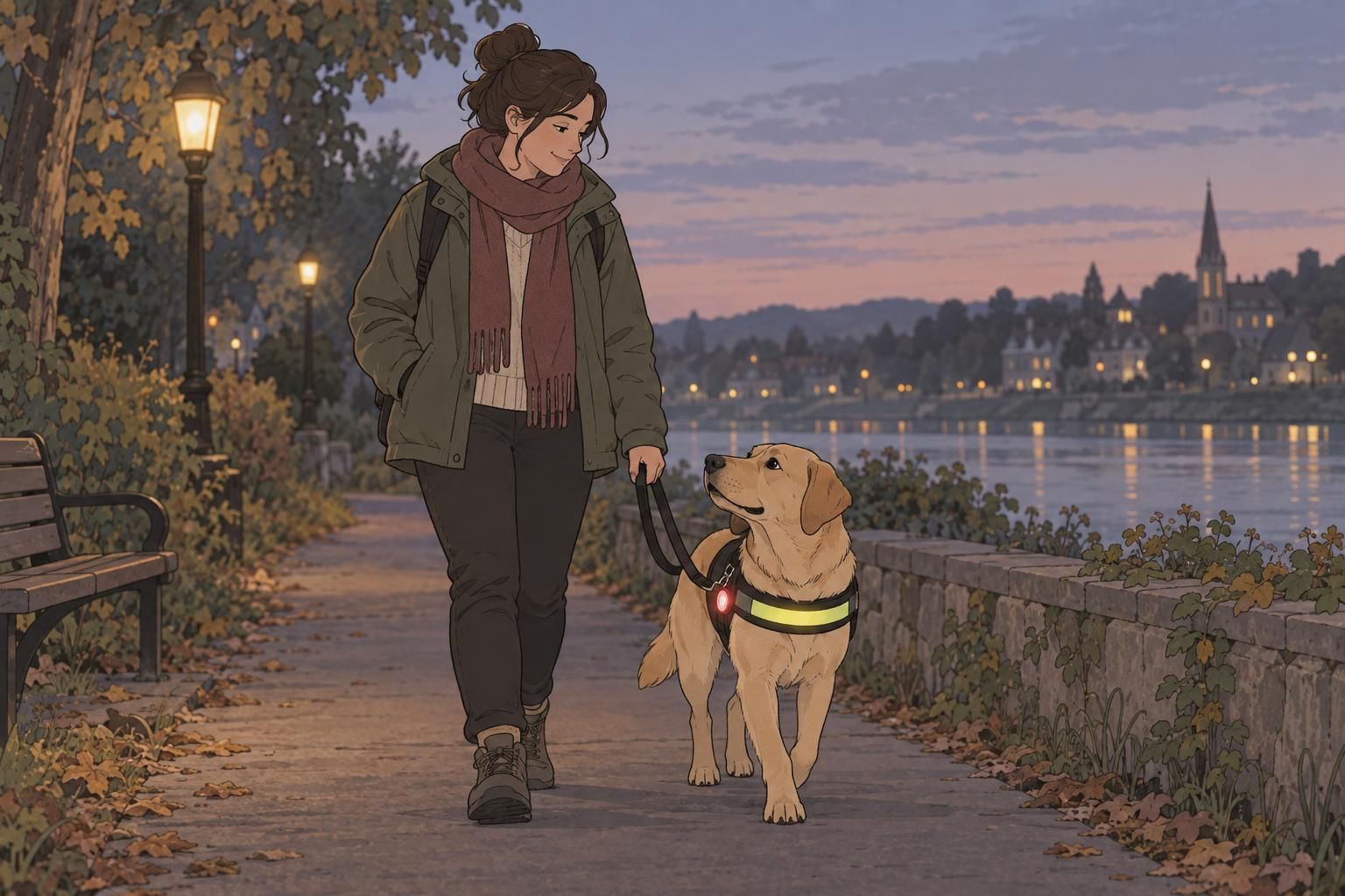 An assistance dog wears a reflective band and leash safety light on an evening walk with its handler.