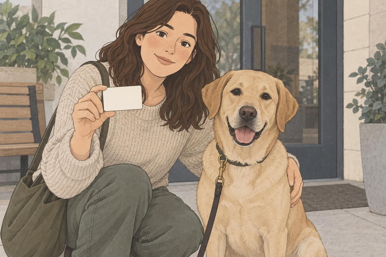 A handler holds a blank identification card beside a calm dog, illustrating an optional service dog ID tool.