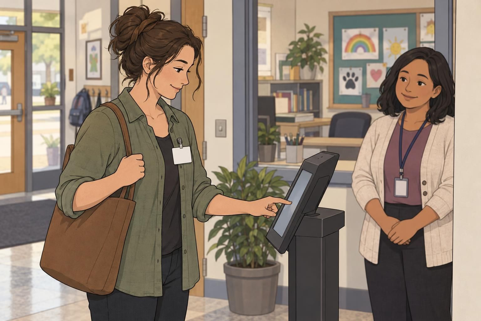 A volunteer wearing a temporary visitor badge checks in at a self-service kiosk near the school office.