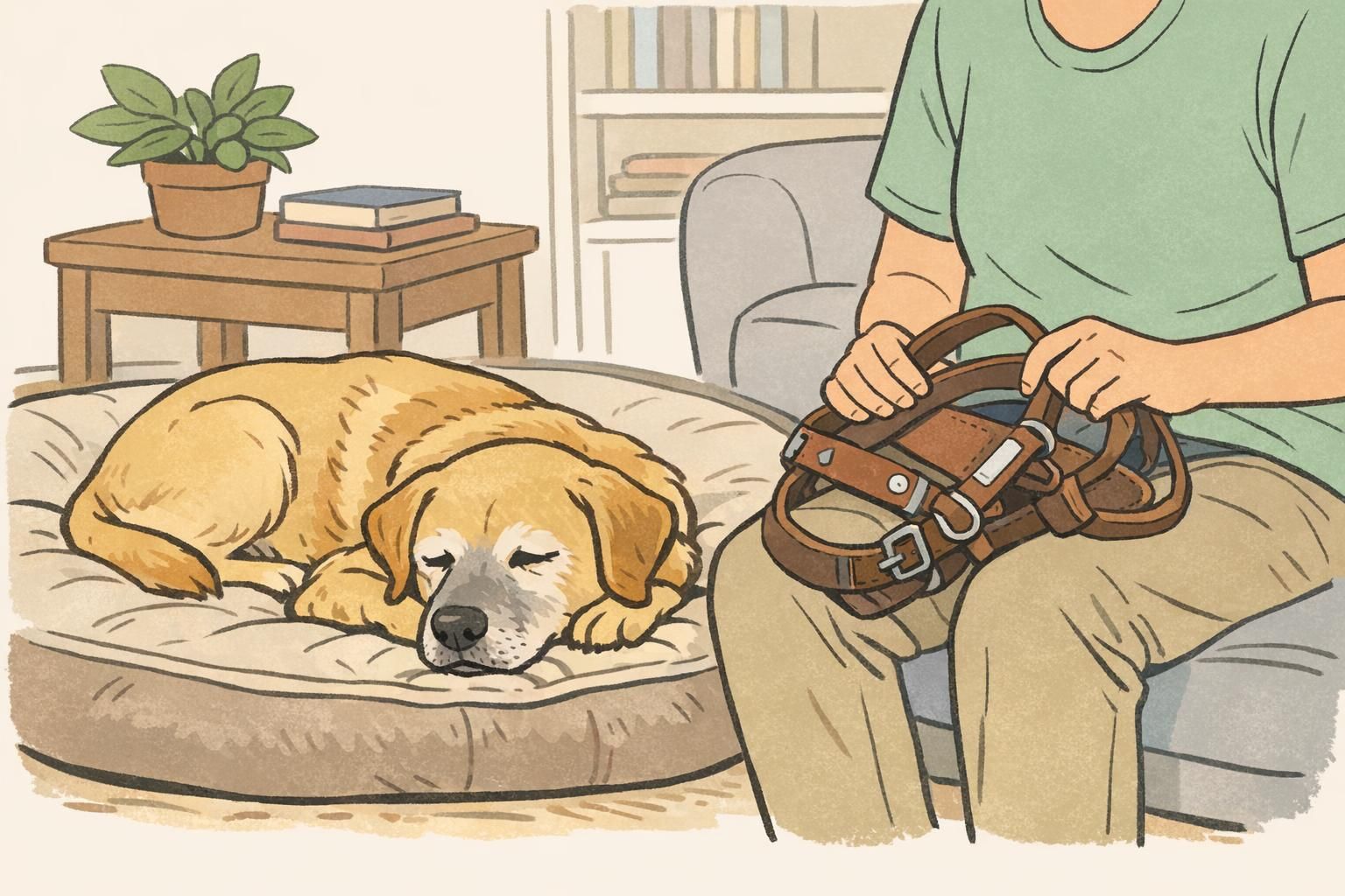 A quiet living room moment showing a retired guide dog with a graying muzzle resting on a bed while the handler sits nearby holding the dog's harness.