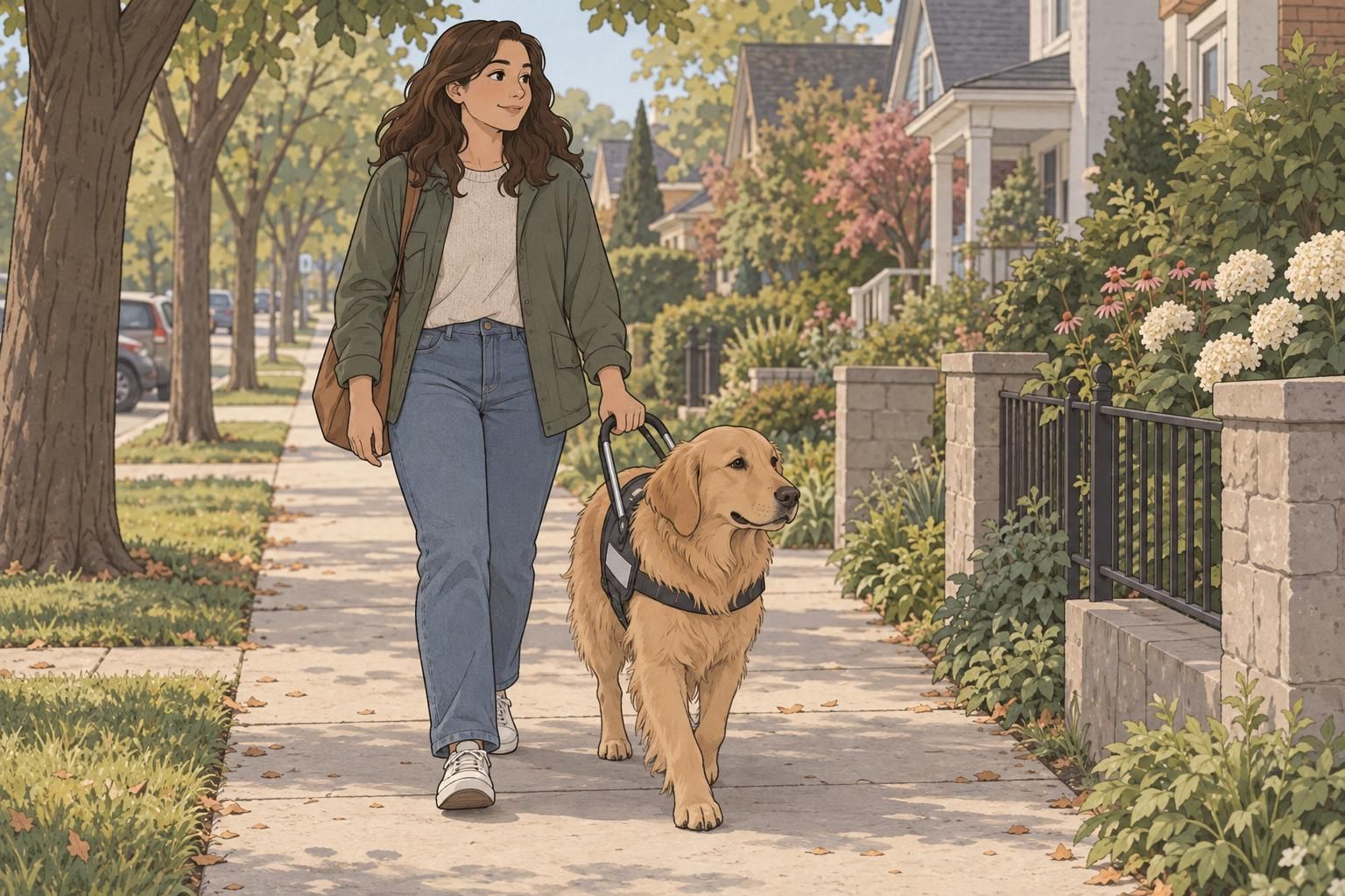 An adult handler walks with a service dog along a quiet neighborhood sidewalk.