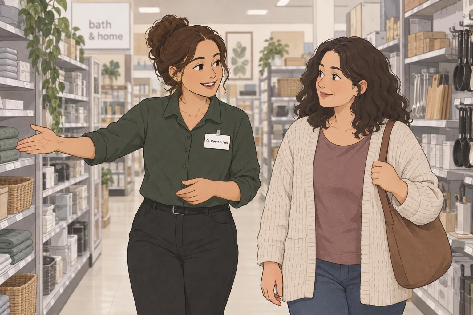 A retail employee guides a shopper toward an aisle while wearing a readable Customer Care role-only tag.