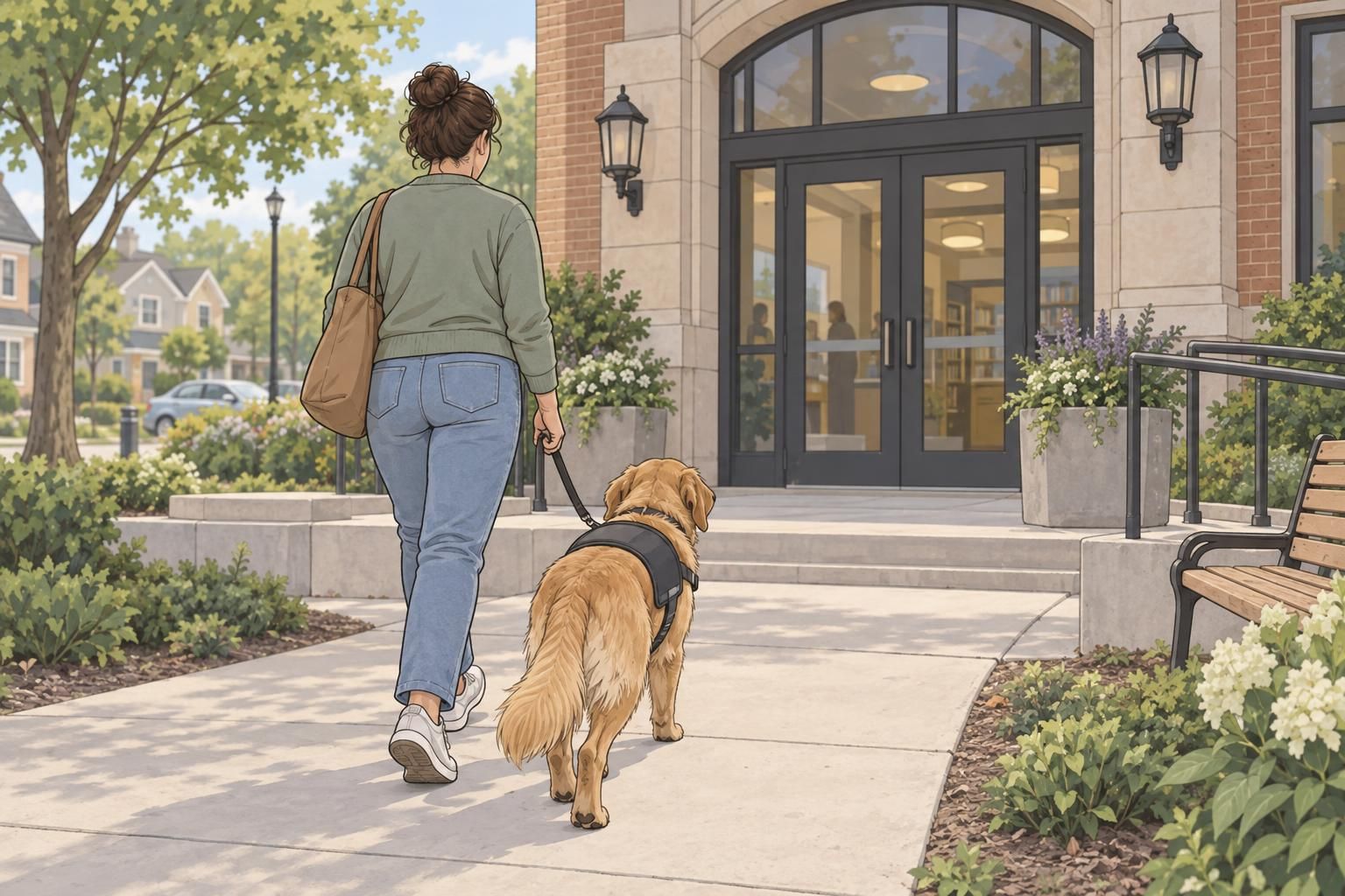 A service dog walks beside its handler toward a neighborhood public building.