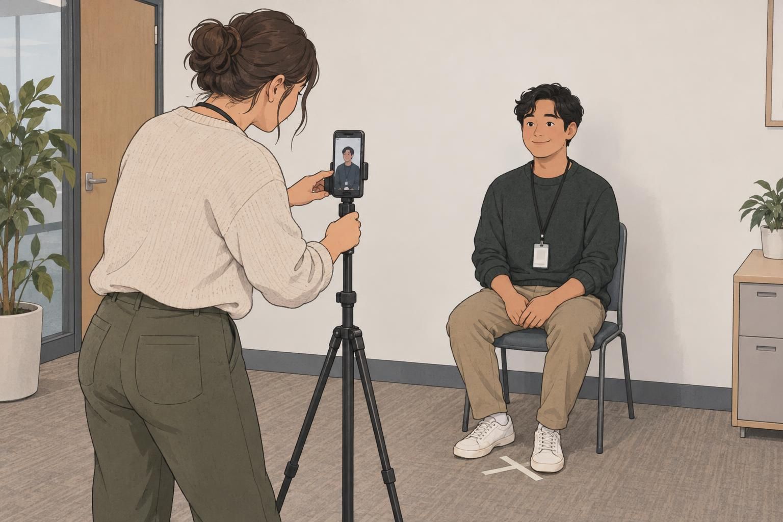 A coordinator sets up a smartphone on a tripod while an employee sits on a marked chair in front of a plain wall for repeatable badge photos.