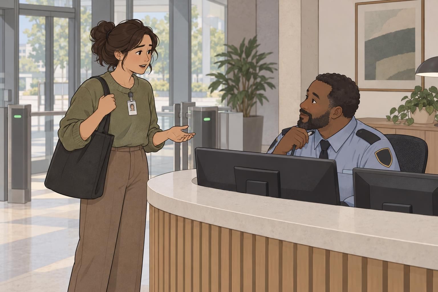 An employee discusses an ID badge access problem with a security desk worker at reception.