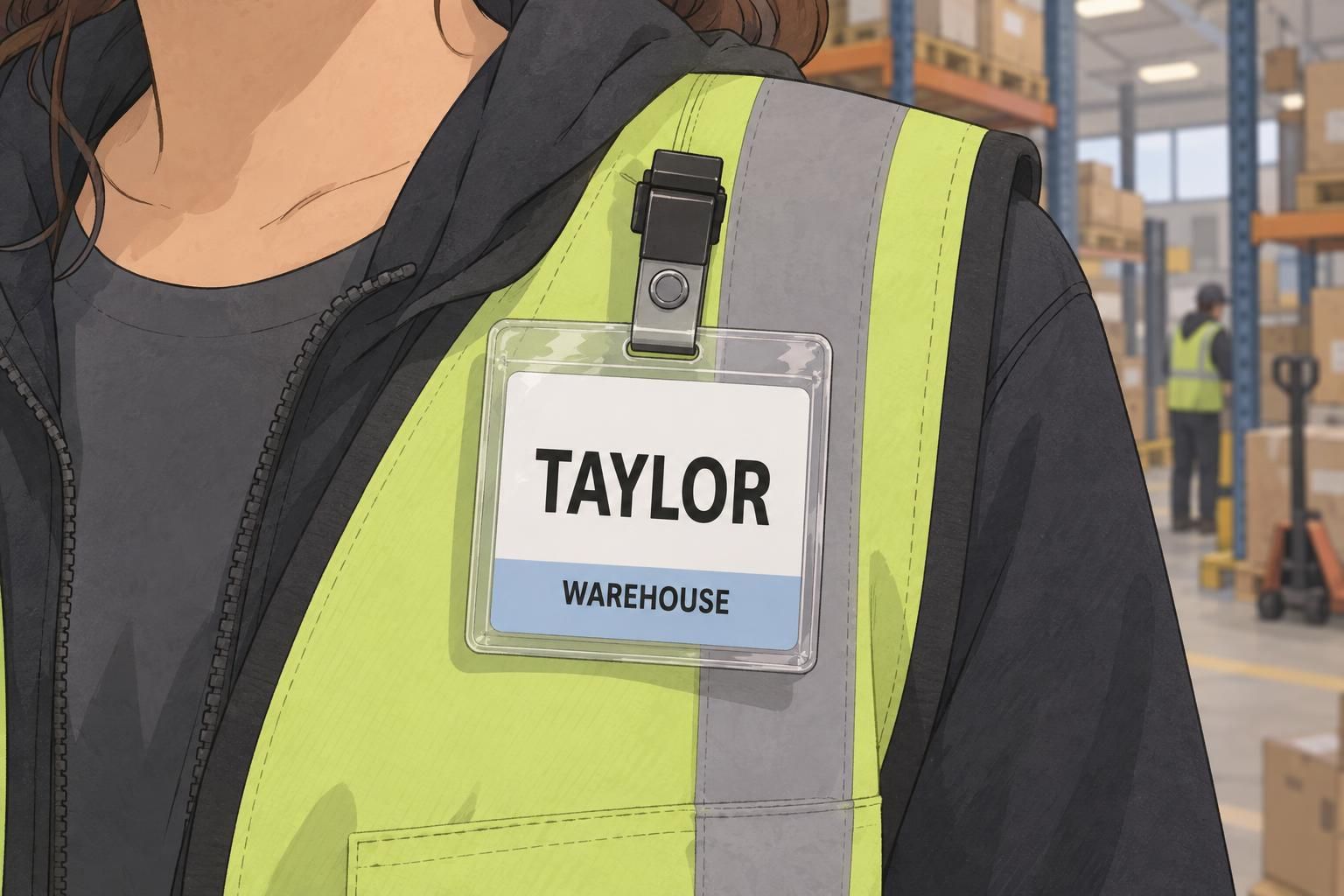 A warehouse employee’s ID card is secured in a clear, sturdy holder clipped to a work vest.