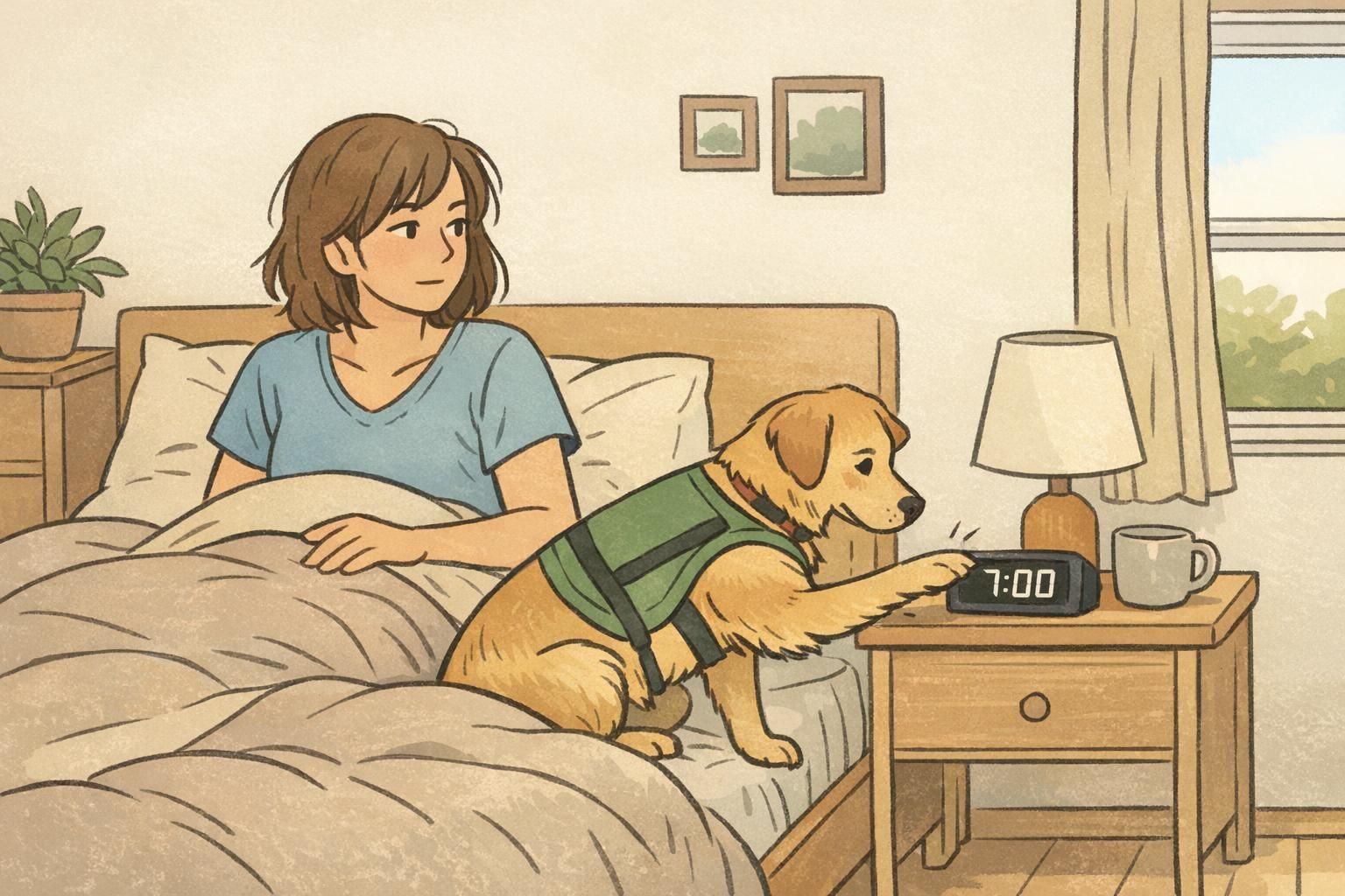An adult sits up in bed as a hearing dog gently paws the bedside to signal an alarm, illustrating a predictable morning wake-up routine.