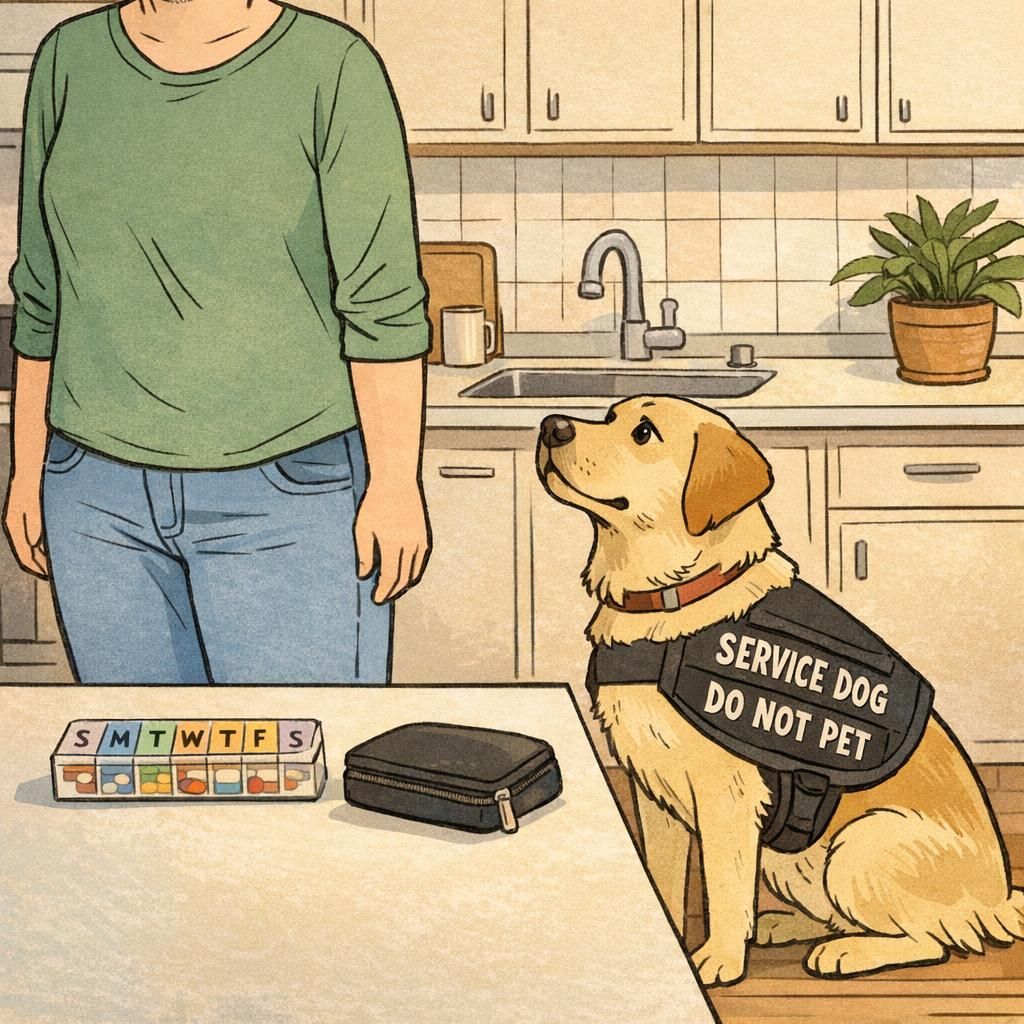 Handler standing in a calm kitchen while a service dog sits attentively beside a closed medication pouch and pillbox, the dog wearing a visible working vest.