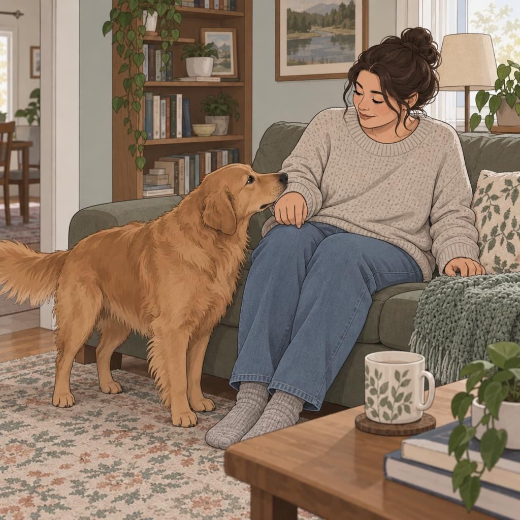An adult sits safely in a living room as a cardiac alert dog gently nudges their hand to get their attention.