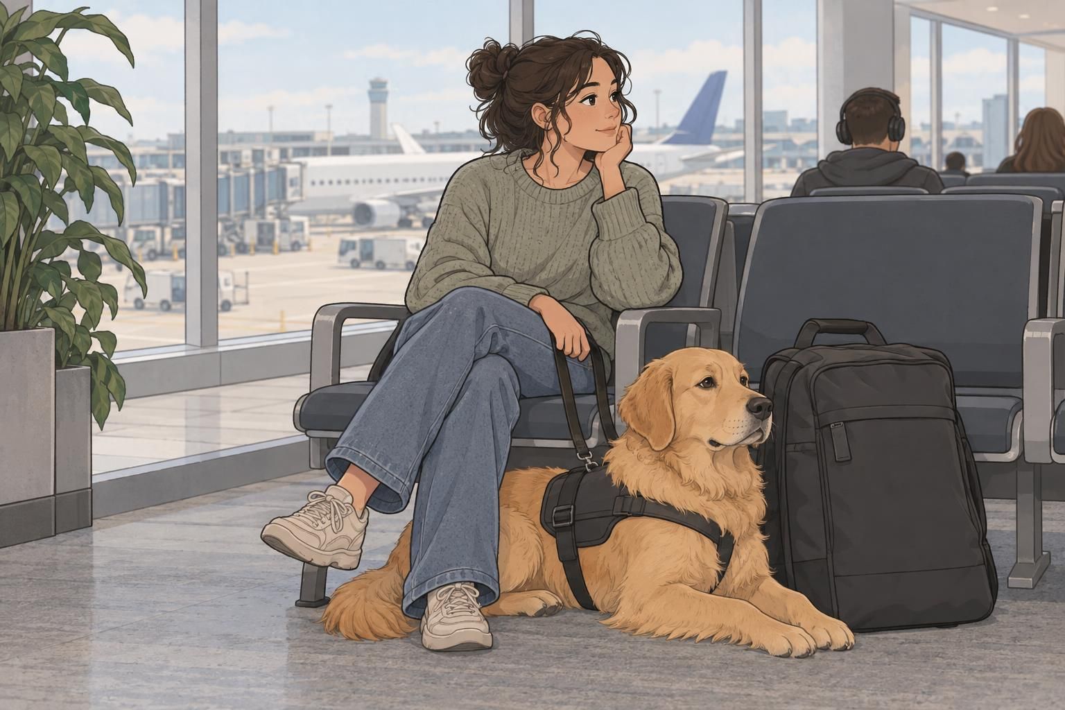 A handler and service dog wait in airport seating beside a travel bag while preparing for a trip.